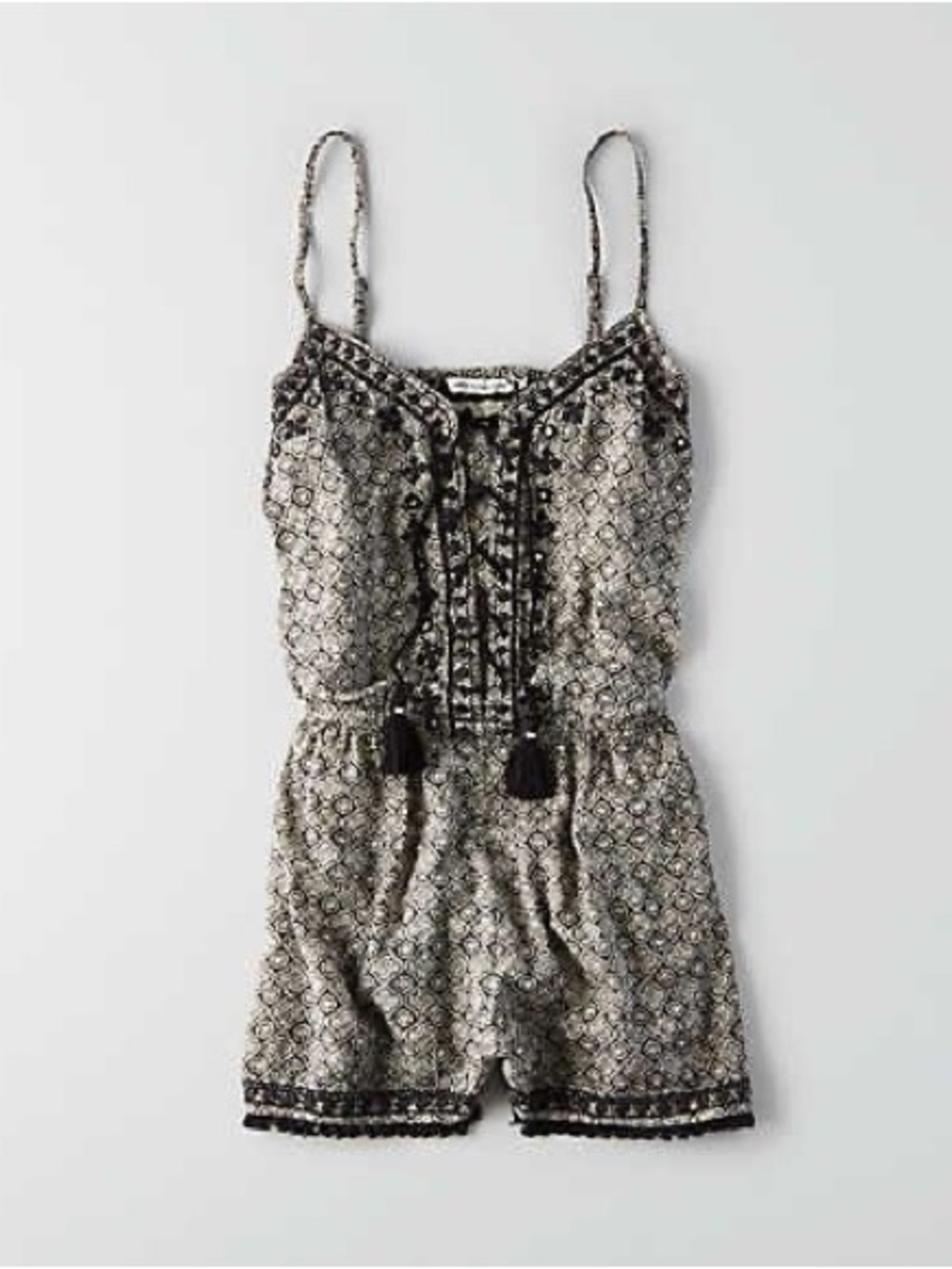 American Eagle Aztec Black & Cream Printed Spaghetti-Strap Romper